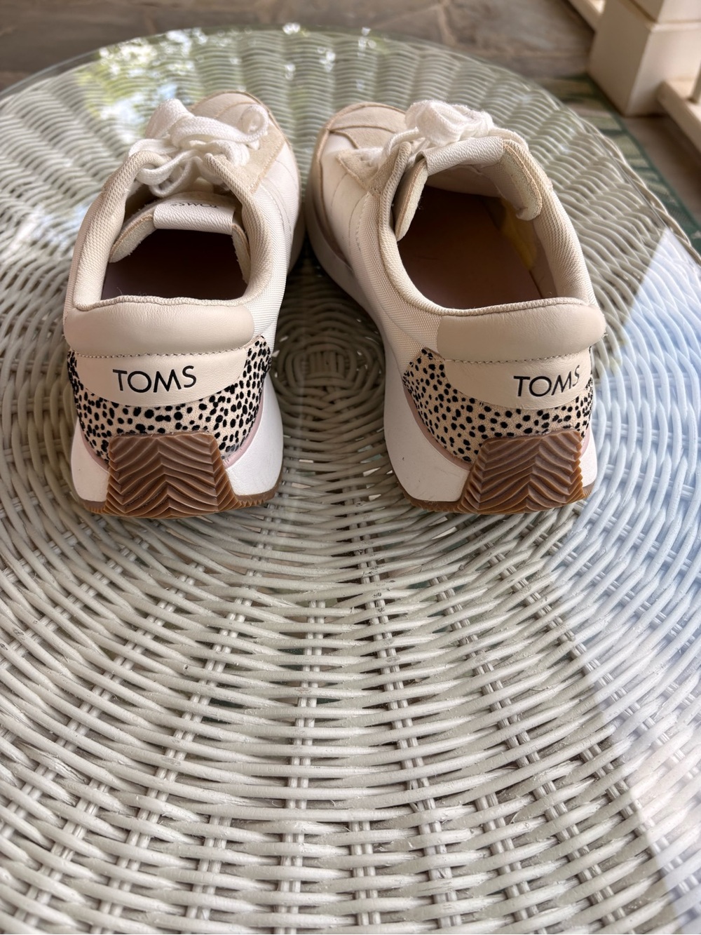 TOMS Cream Sneakers with Leopard Heel Accent